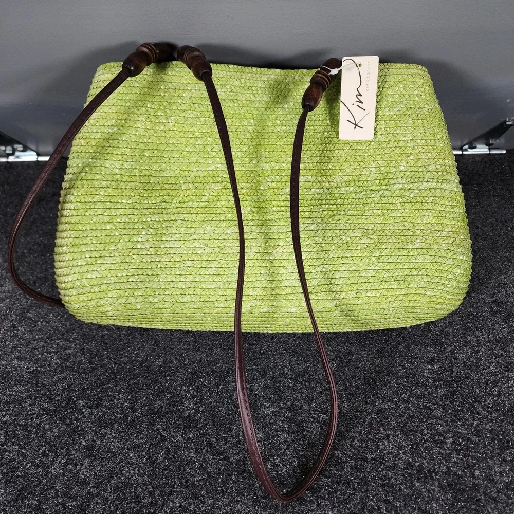 NWT Kim Rogers Green Woven Straw Handbag Wood Bamboo‎ Straps